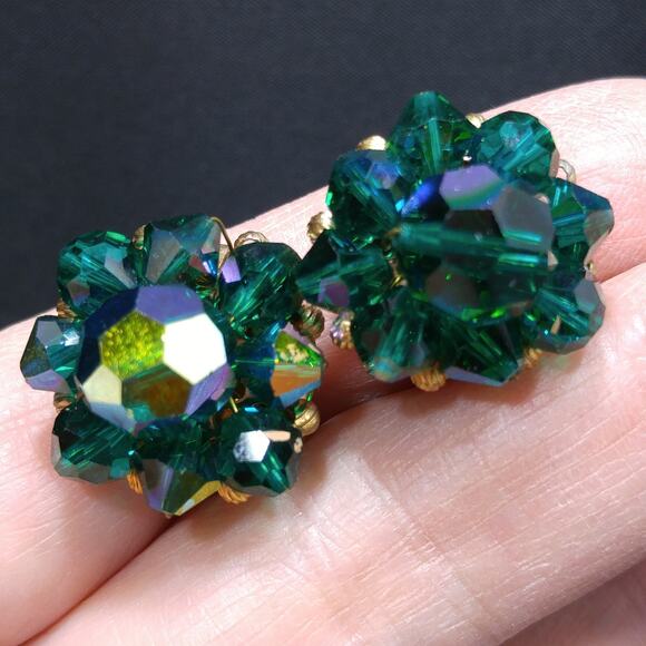 Vintage Green Crystal Beaded Earrings, Aurora Borealis, 1960s Gold Tone Clips - Picture 1 of 10